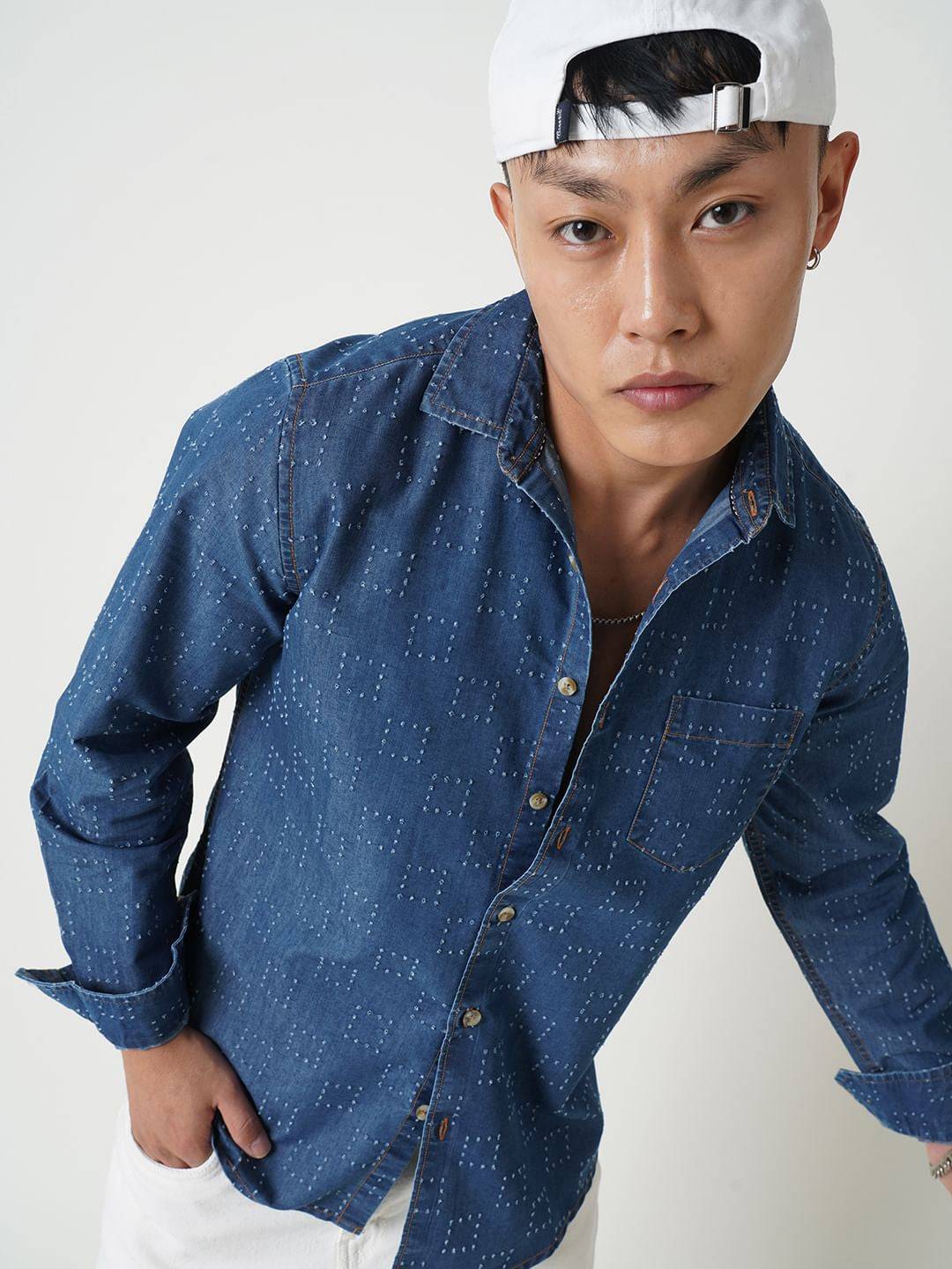 Blue Denim Contrast Stitched Shirt Buy only at ₹799