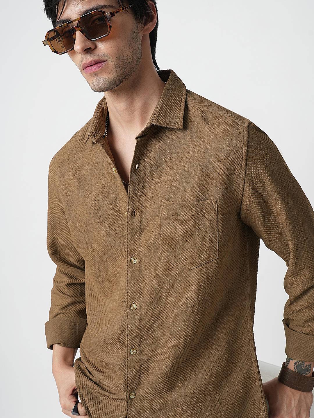 Coffee Brown Jacquard Diagonal Striped Shirt Buy only at ₹699