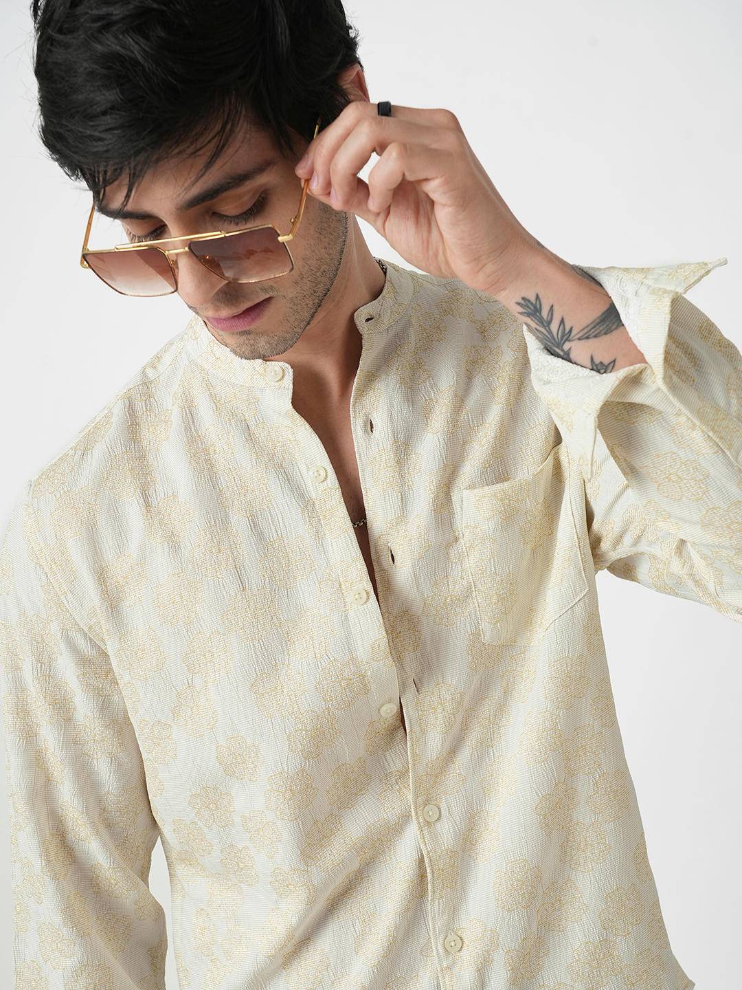 Ivory Floral Intricate Jacquard Creased Shirt Buy only at ₹759