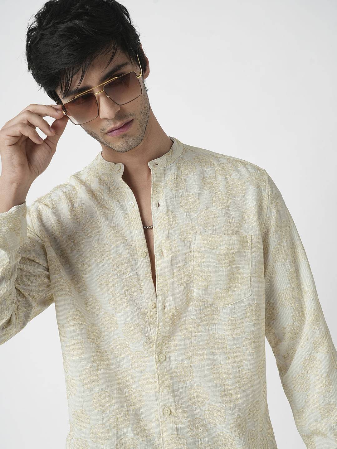 Ivory Floral Intricate Jacquard Creased Shirt Buy only at ₹759