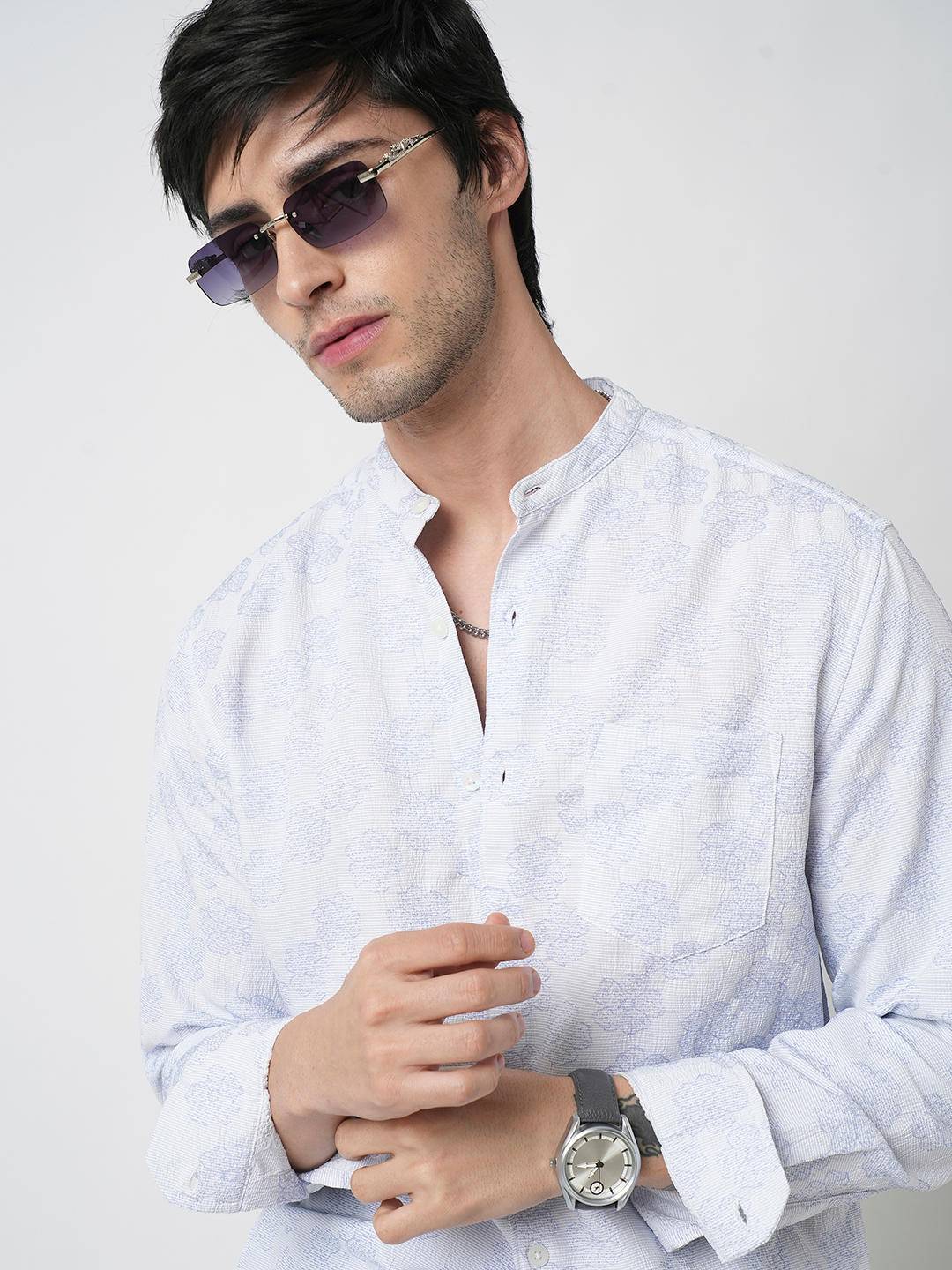 Cool Blue Floral Intricate Jacquard Creased Shirt Buy only at ₹759