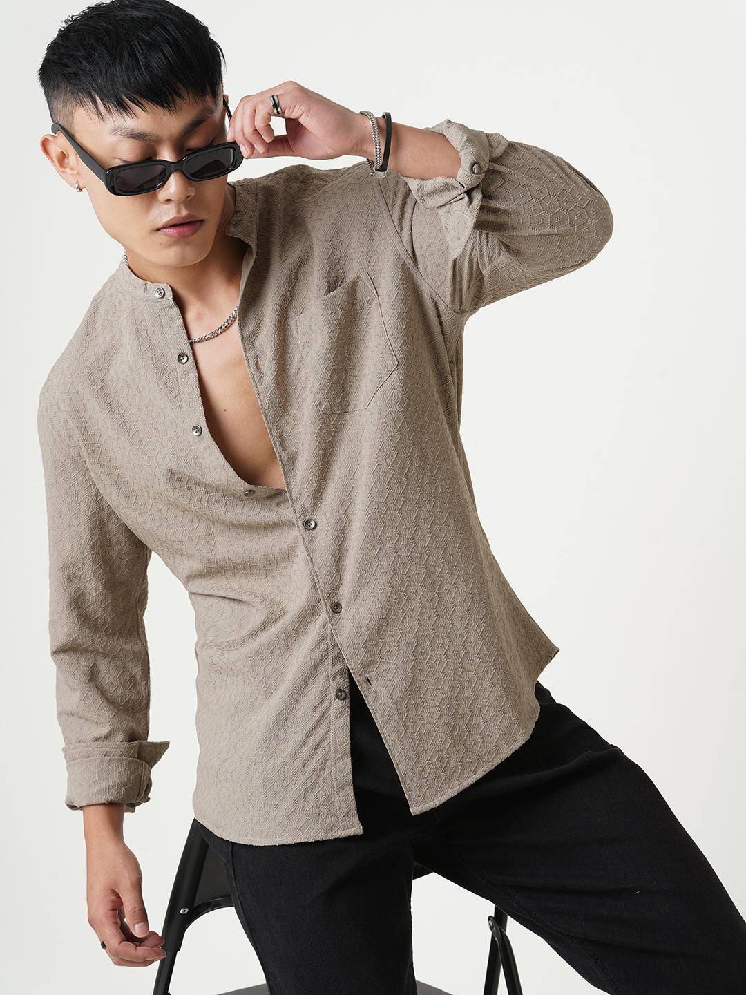 Hexagon Beige Jacquard Mandarin Shirt Buy only at ₹699