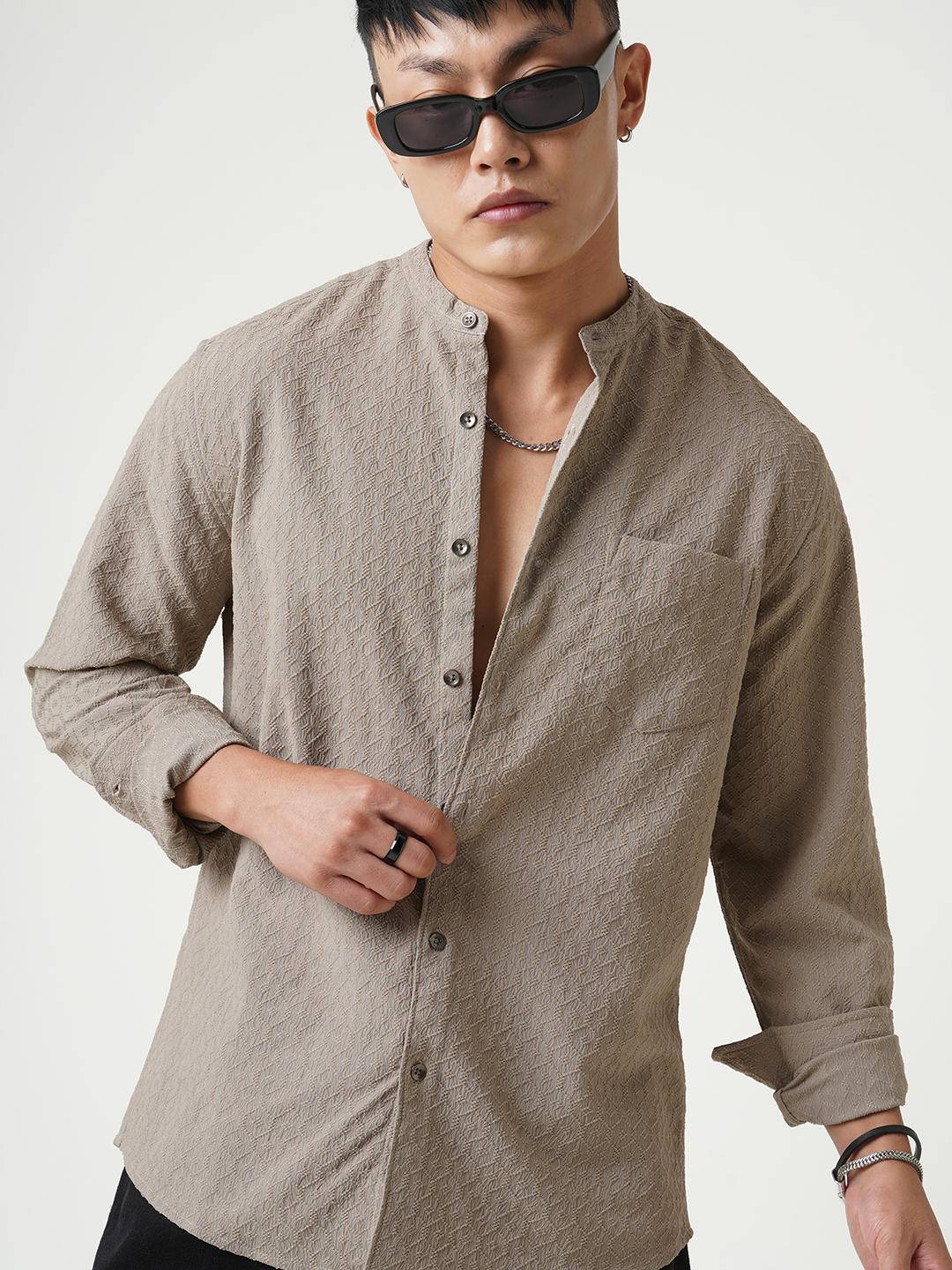 Hexagon Beige Jacquard Mandarin Shirt Buy only at ₹699