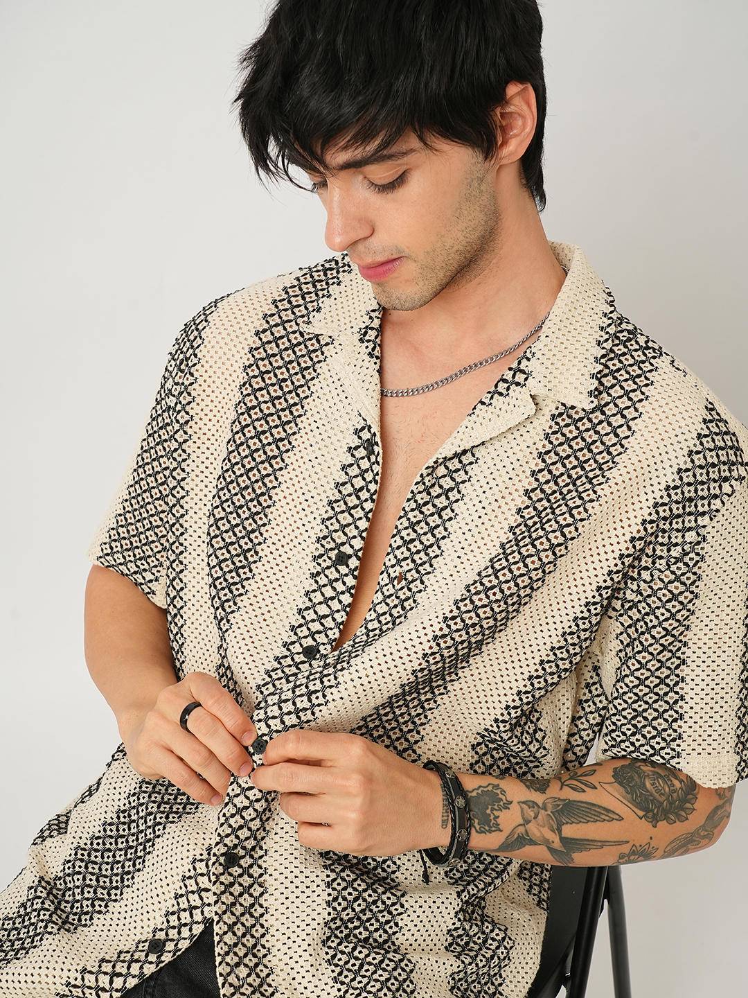 Beige & Black Crochet Oversized Shirt Buy only at ₹759