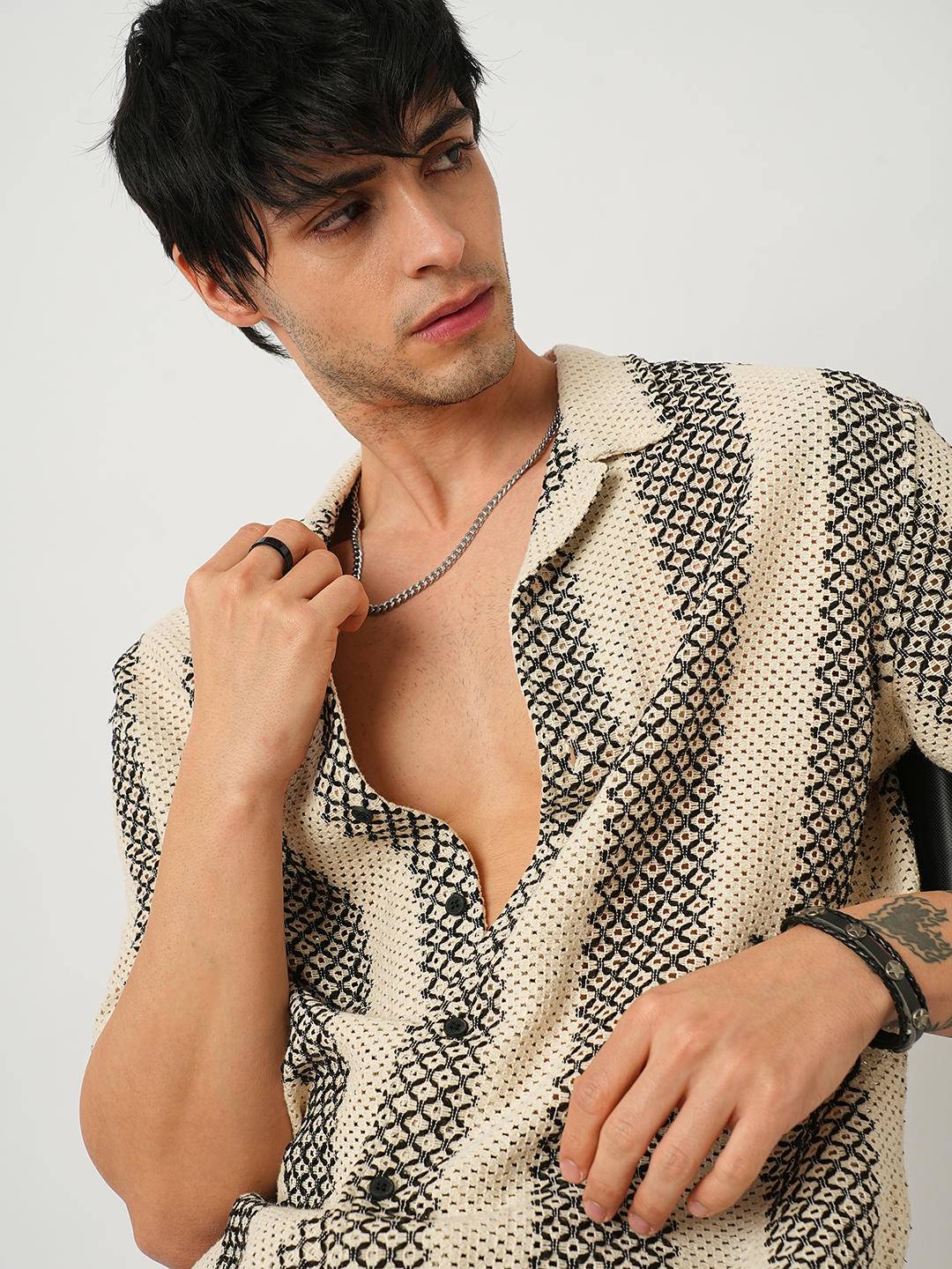 Beige & Black Crochet Oversized Shirt Buy only at ₹759