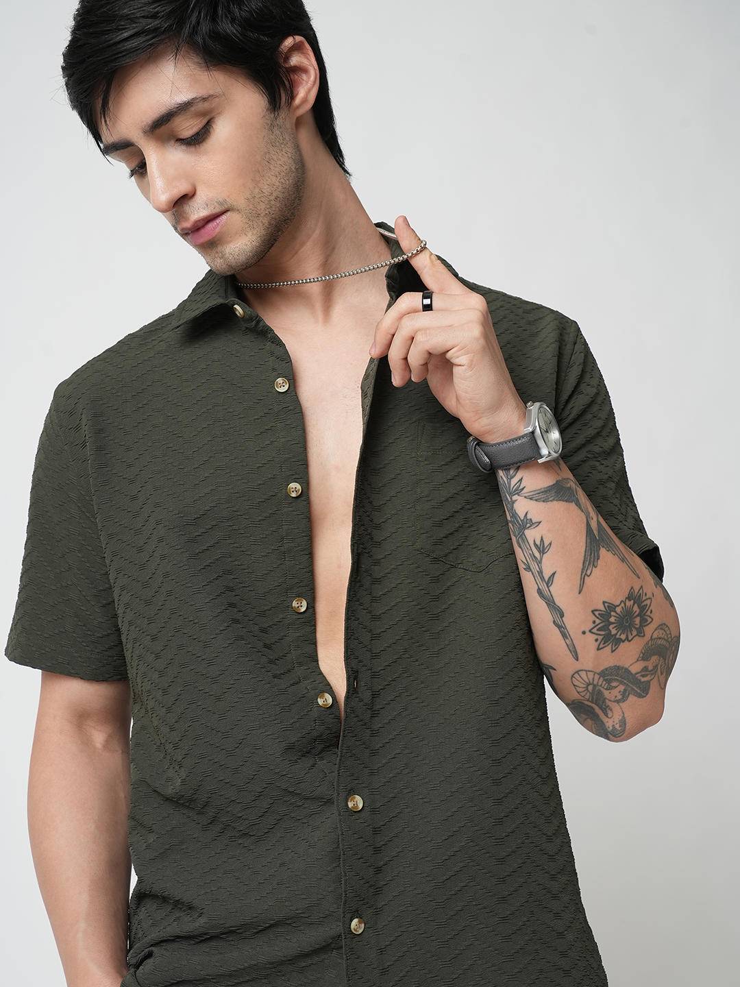 Forest Green Wavique Textured Shirt Buy only at ₹449
