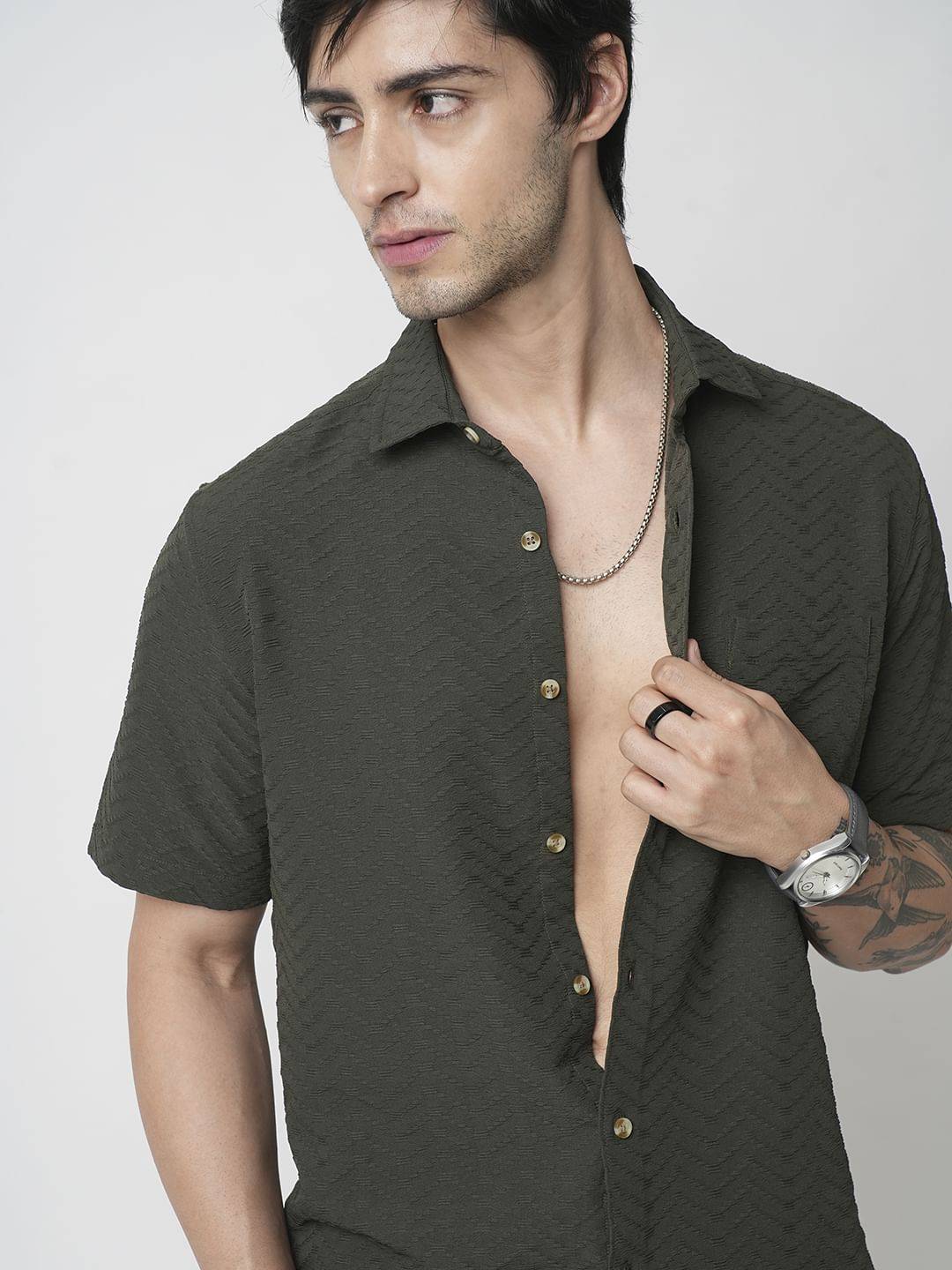 Forest Green Wavique Textured Shirt Buy only at ₹449
