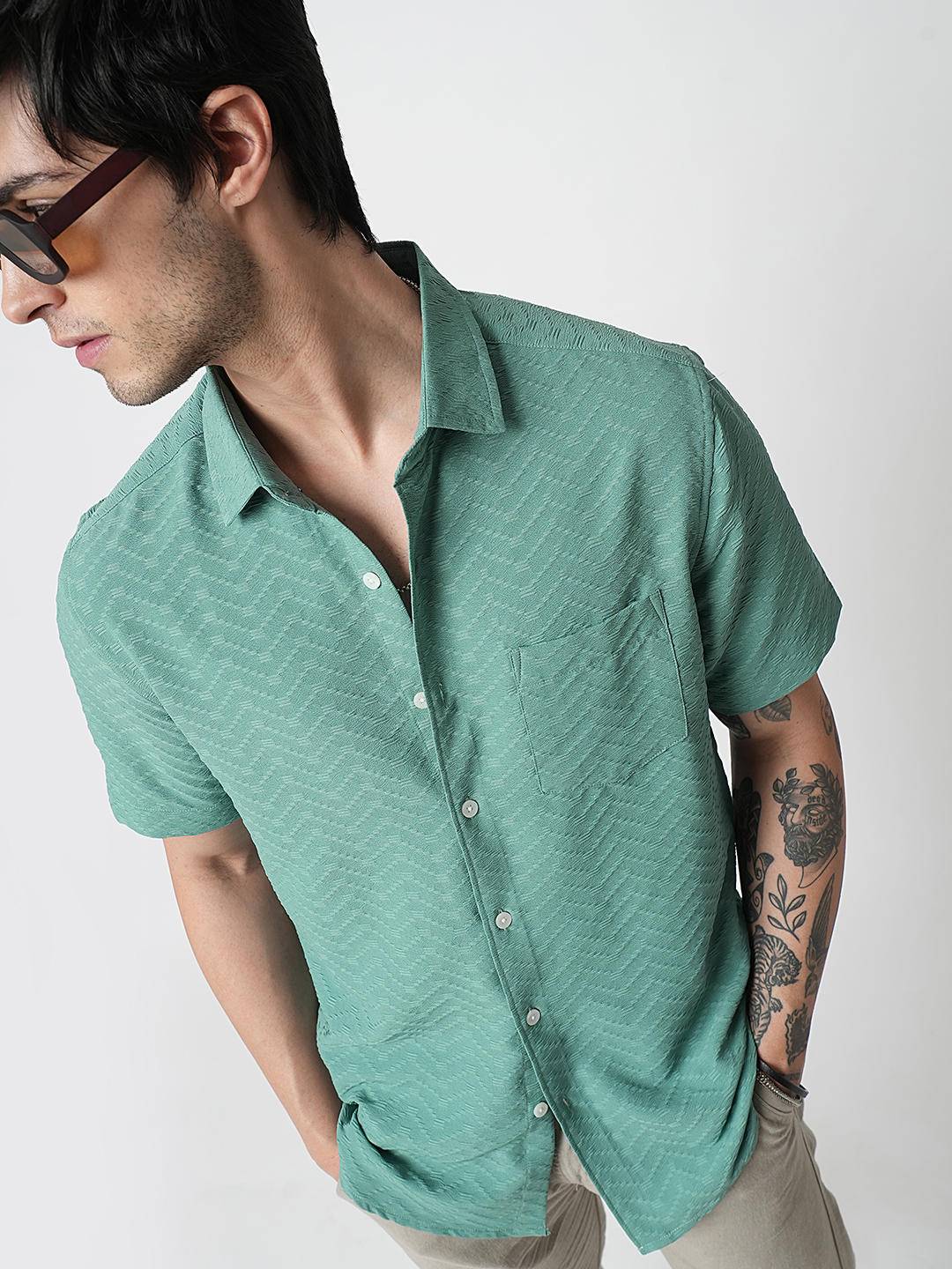 Turquoise Zig-Zag Textured Shirt Buy only at ₹449