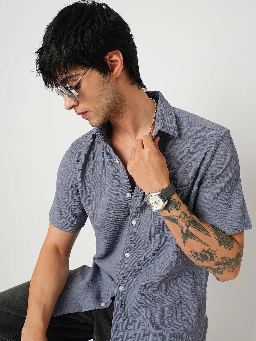 Arched Stone Blue Textured Shirt Buy only at ₹494