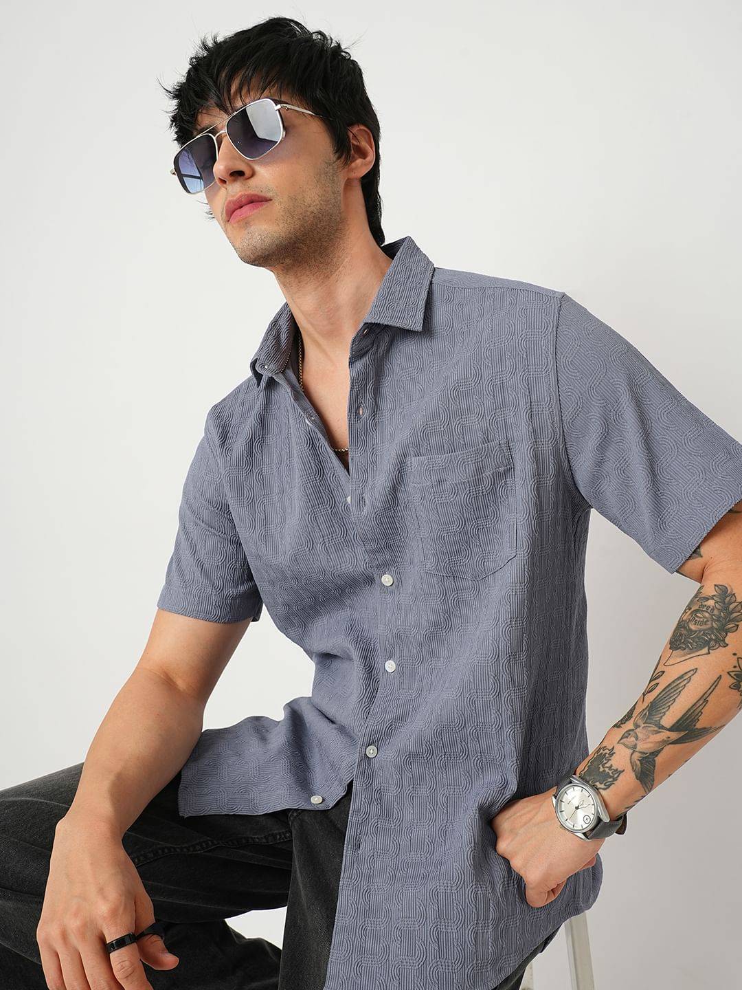 Arched Stone Blue Textured Shirt Buy only at ₹494