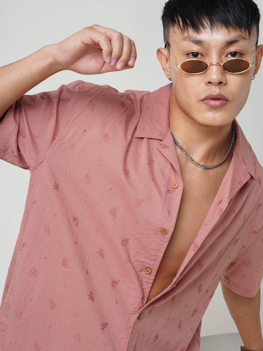 Minimalist Floral Coral Embroidered Oversized Shirt Buy only at ₹569