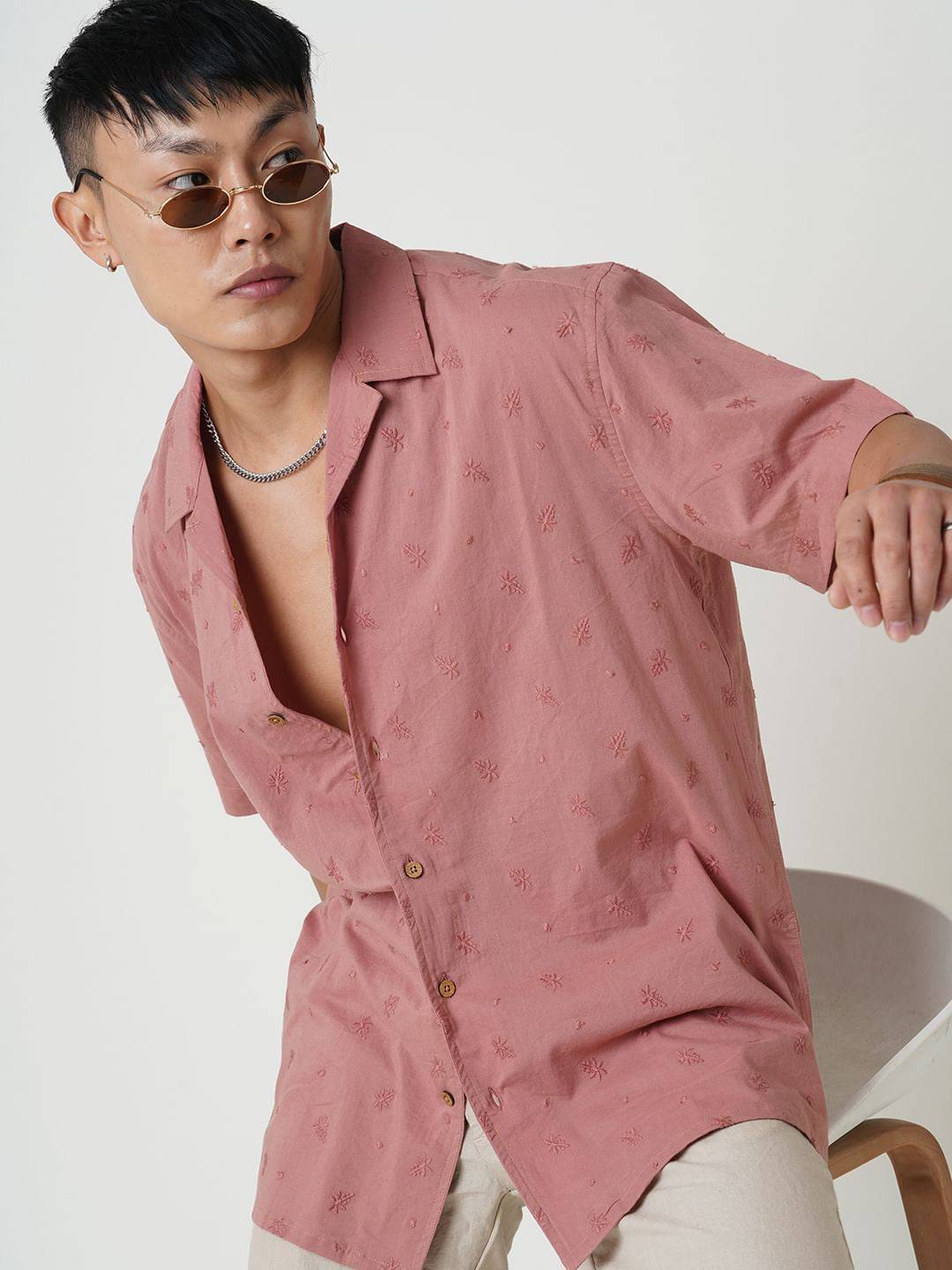 Minimalist Floral Coral Embroidered Oversized Shirt Buy only at ₹569