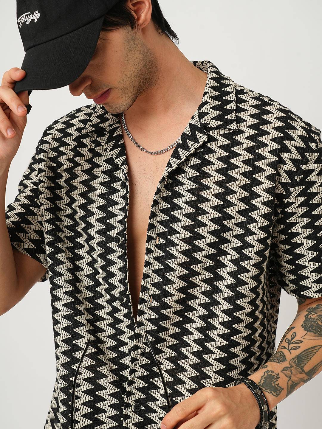 Zig-Zag Black Crochet Oversized Notch Collar Shirt Buy only at ₹699