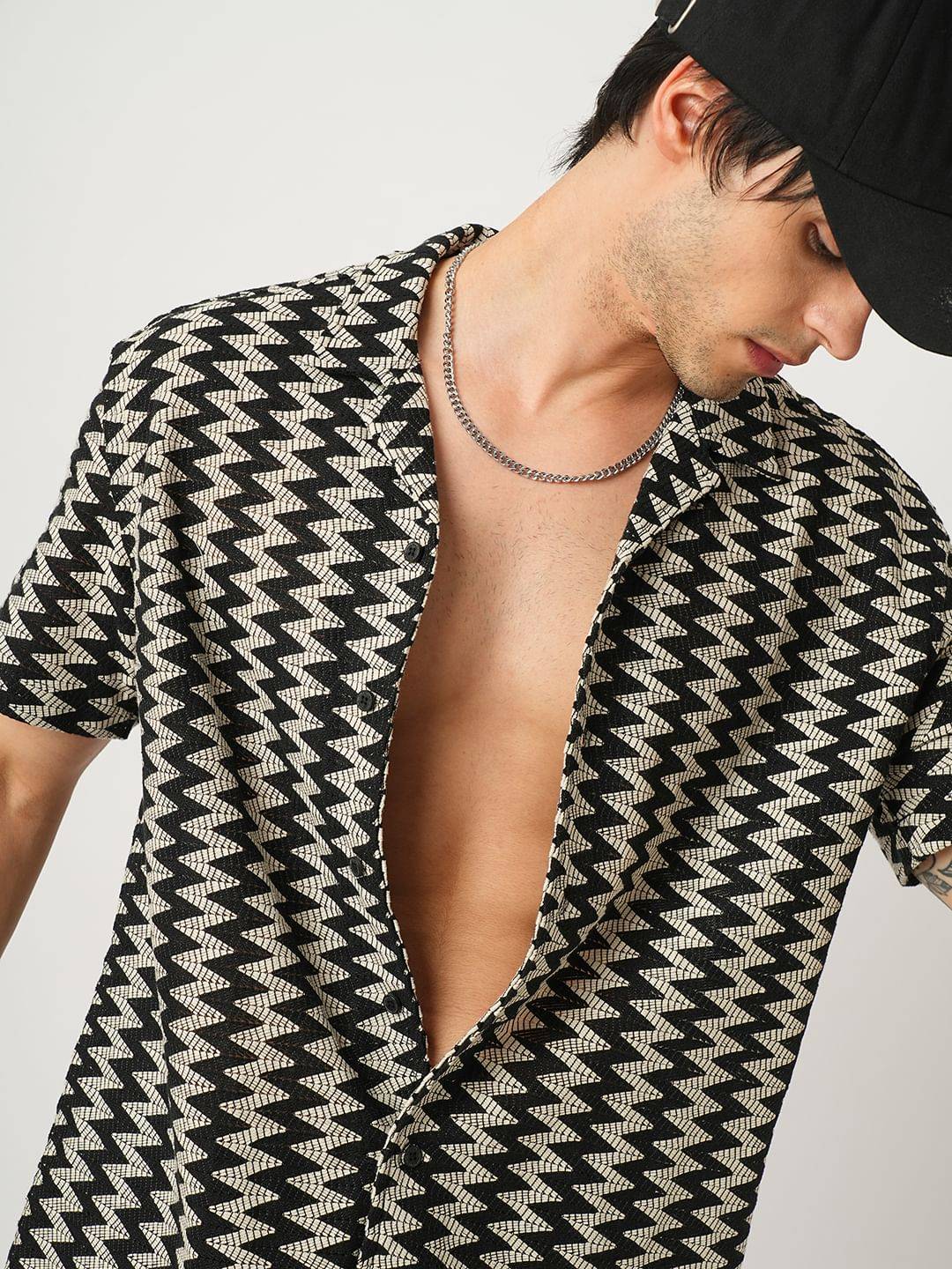 Zig-Zag Black Crochet Oversized Notch Collar Shirt Buy only at ₹699