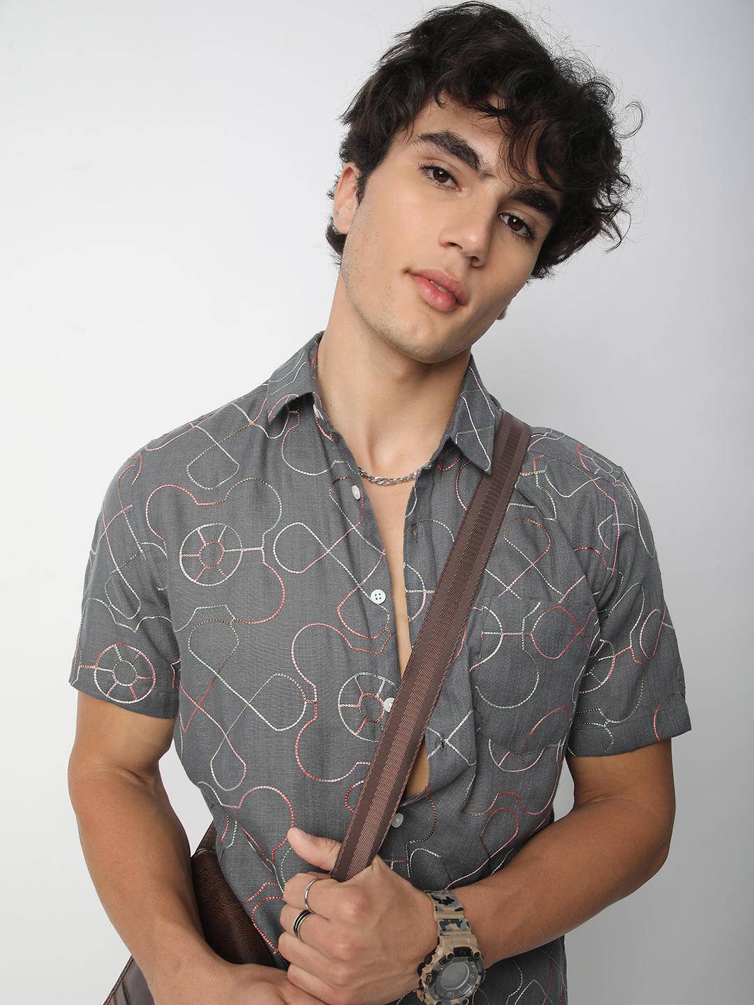 Intricate Smoky Grey Contrast Embroidered Shirt Buy only at ₹699