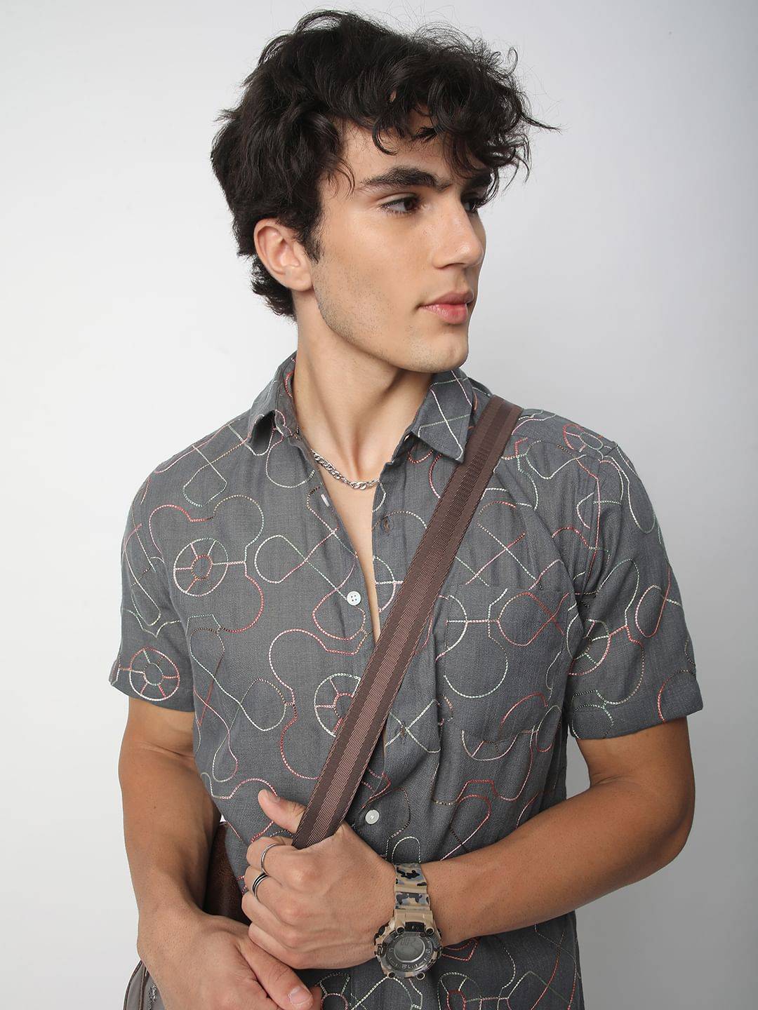 Intricate Smoky Grey Contrast Embroidered Shirt Buy only at ₹699