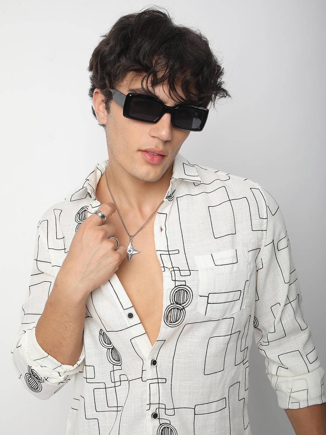 Intricate White Contrast Maze Embroidered Shirt Buy only at ₹699