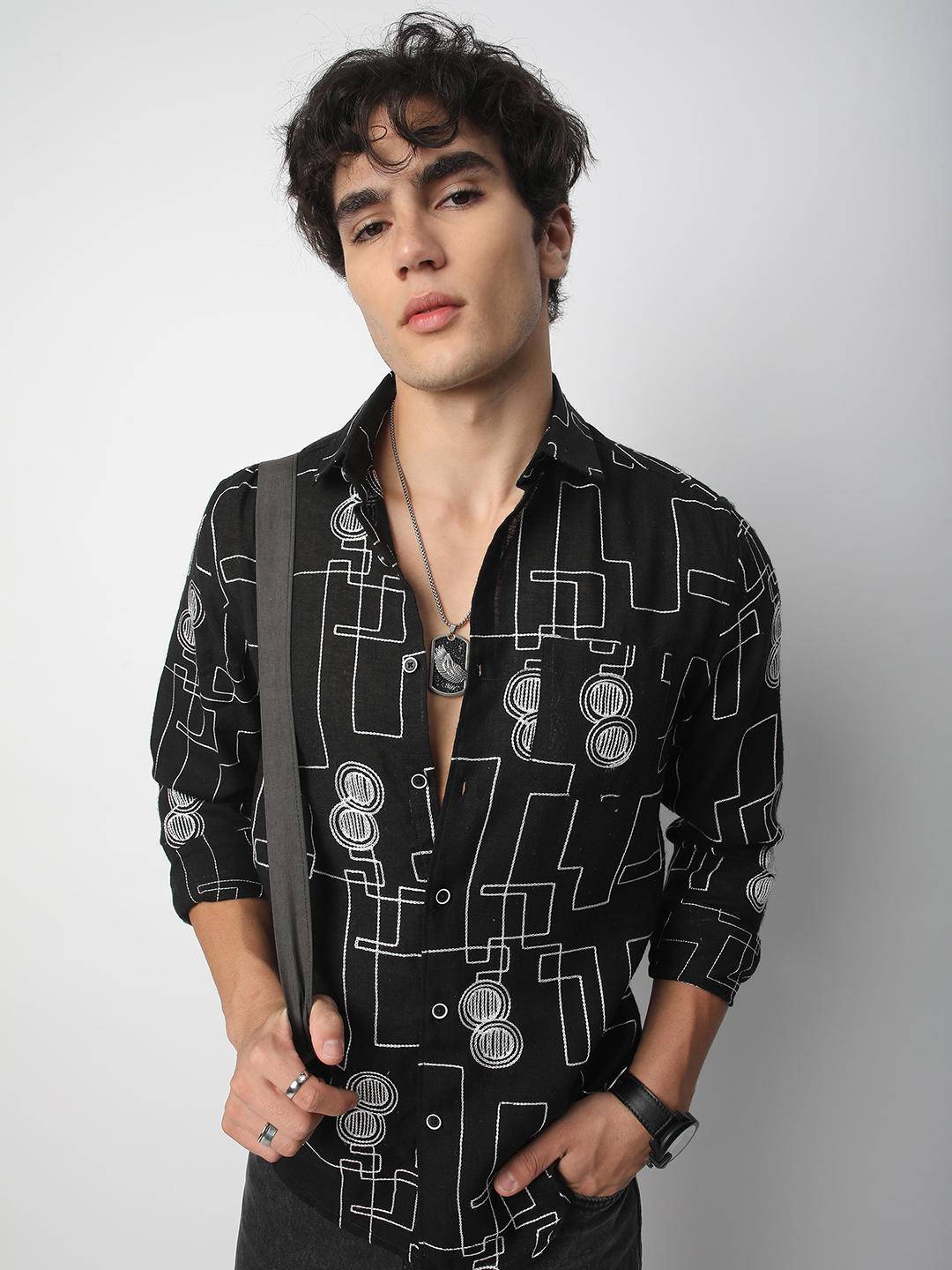 Schmick Black Contrast Maze Embroidered Shirt Buy only at ₹699