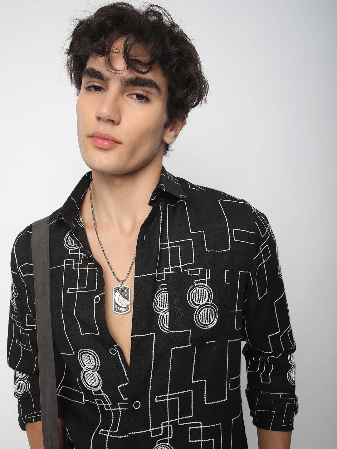 Schmick Black Contrast Maze Embroidered Shirt Buy only at ₹699