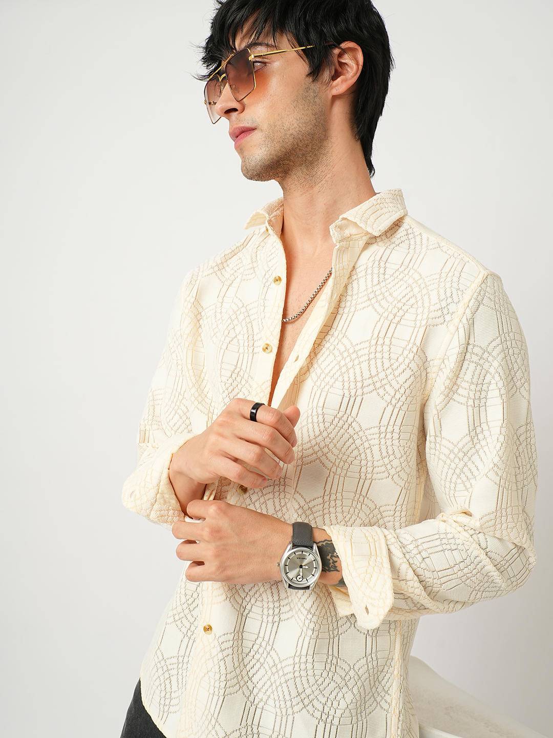 Interweave Geometric Textured Ivory Crochet Shirt Buy only at ₹699