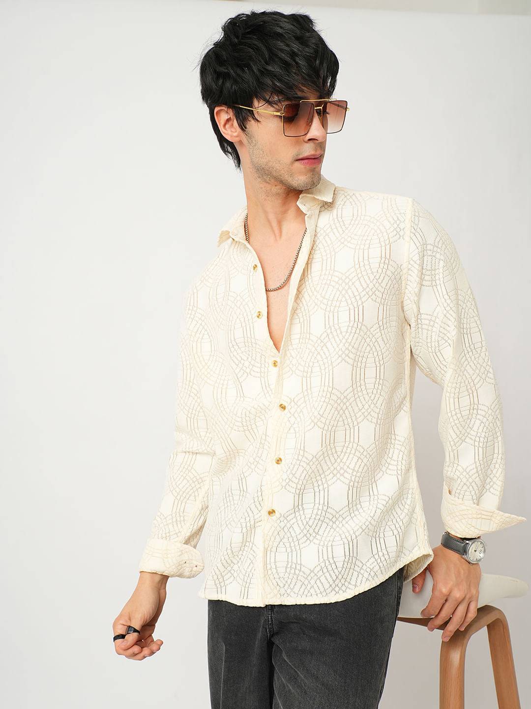 Interweave Geometric Textured Ivory Crochet Shirt Buy only at ₹699
