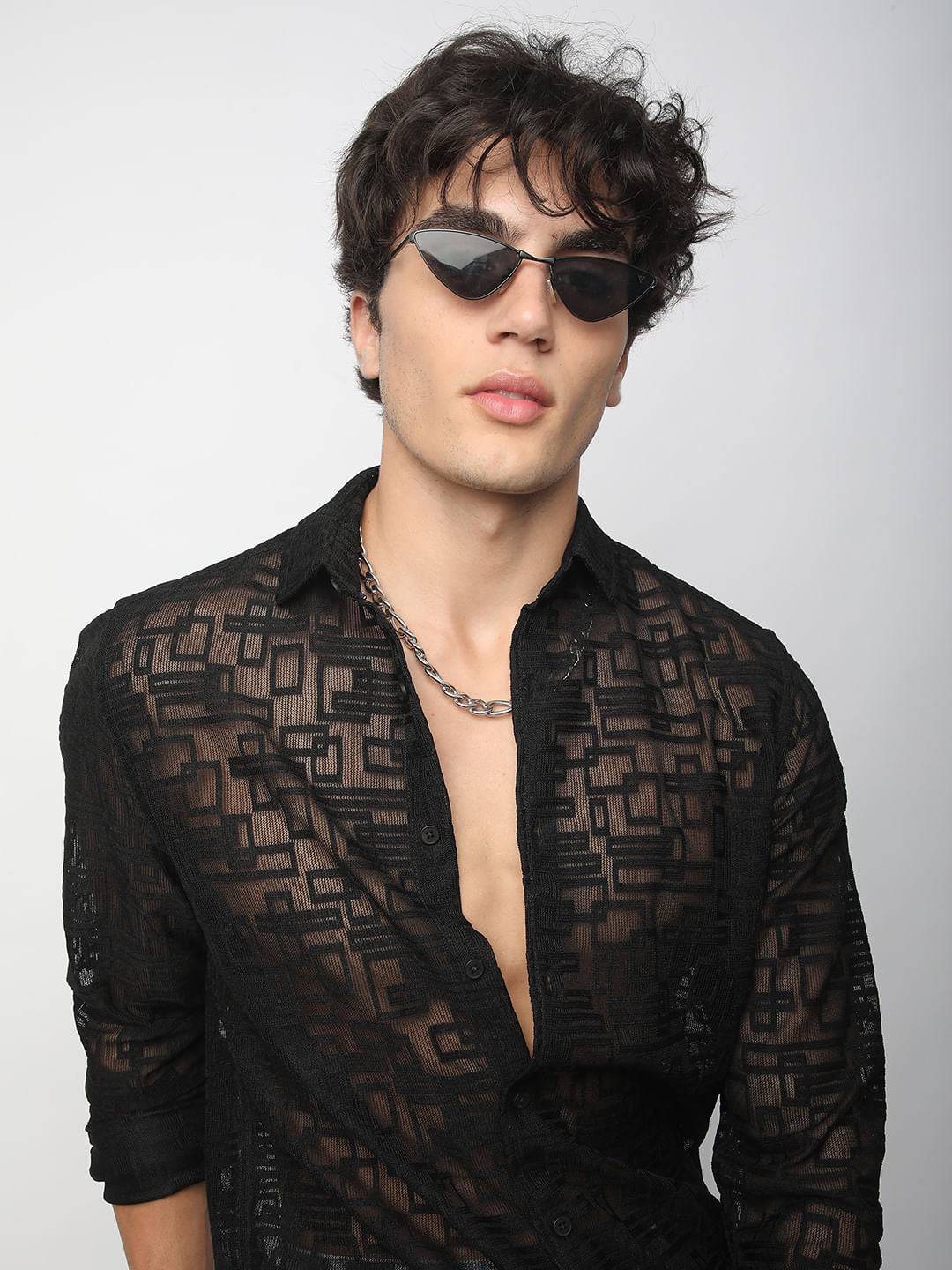 Breezy Black Maze Textured Mesh Shirt Buy only at ₹659