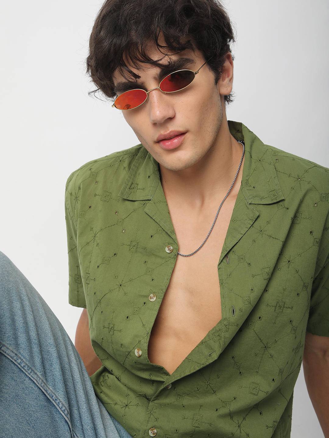 Intricate Olive Geometric Embroidered Oversized Shirt Buy only at ₹569