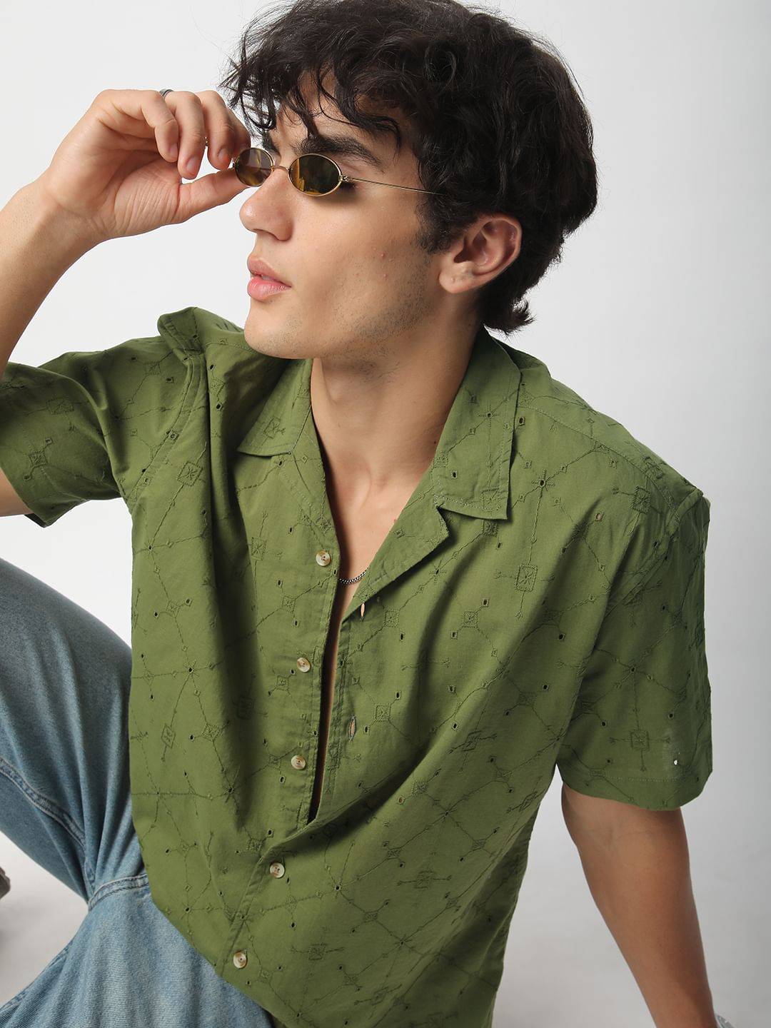 Intricate Olive Geometric Embroidered Oversized Shirt Buy only at ₹569