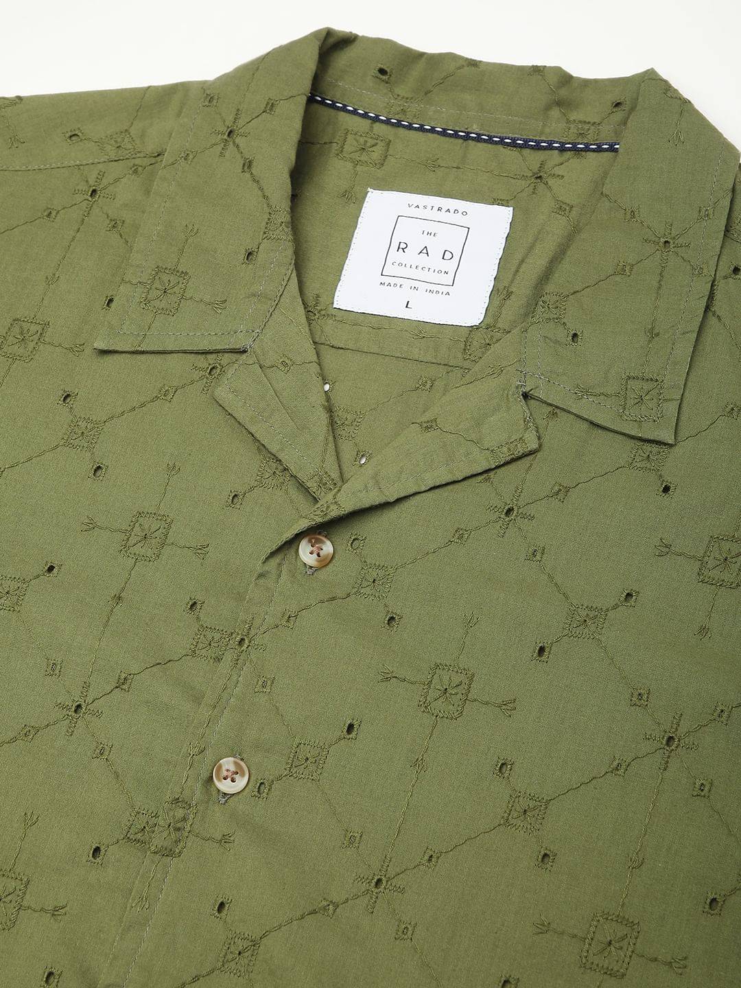 Intricate Olive Geometric Embroidered Oversized Shirt Buy only at ₹569