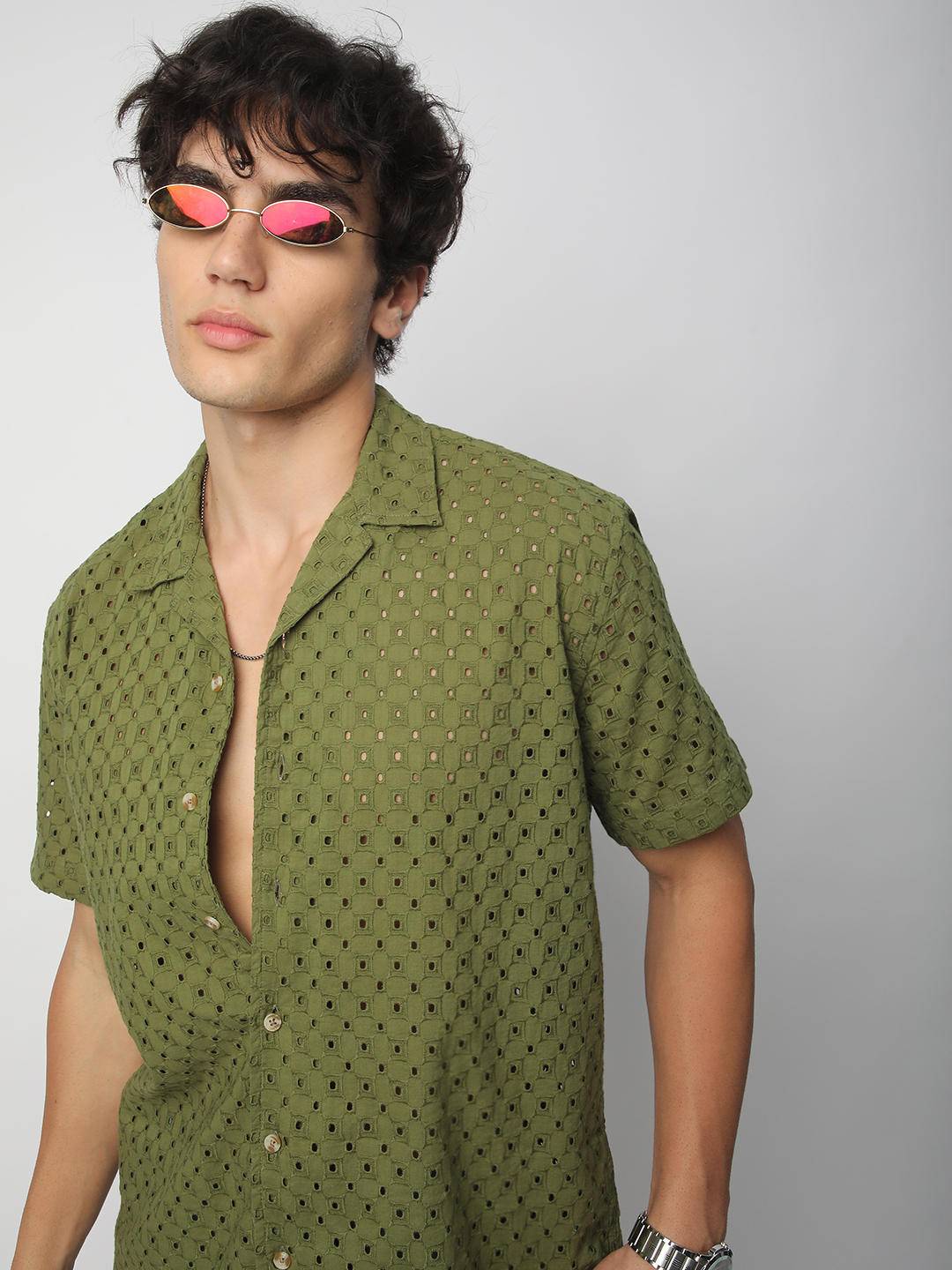 Olive Squarish Schiffli Oversized Shirt Buy only at ₹569