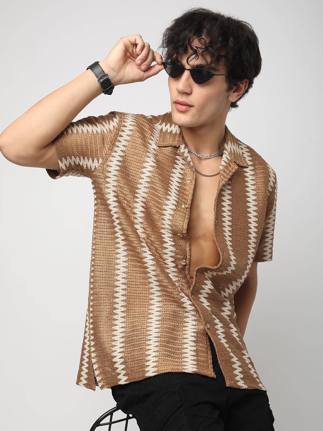 Zig-Zag Russet Brown Crochet Oversized Shirt Buy only at ₹524