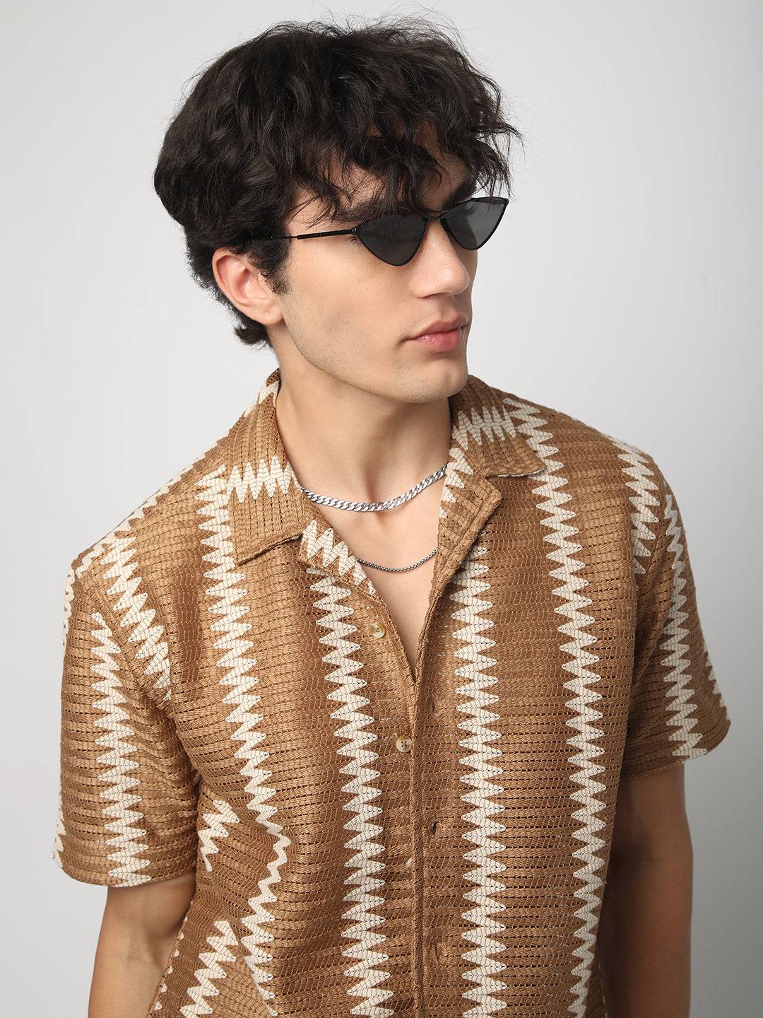 Zig-Zag Russet Brown Crochet Oversized Shirt Buy only at ₹524