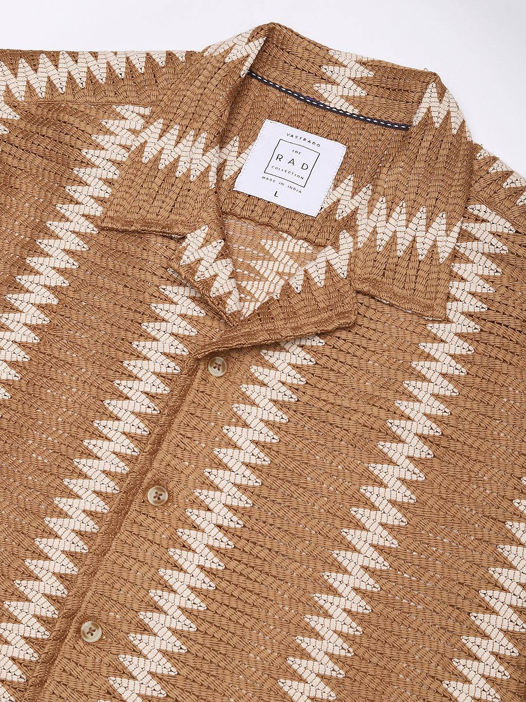 Zig-Zag Russet Brown Crochet Oversized Shirt Buy only at ₹524
