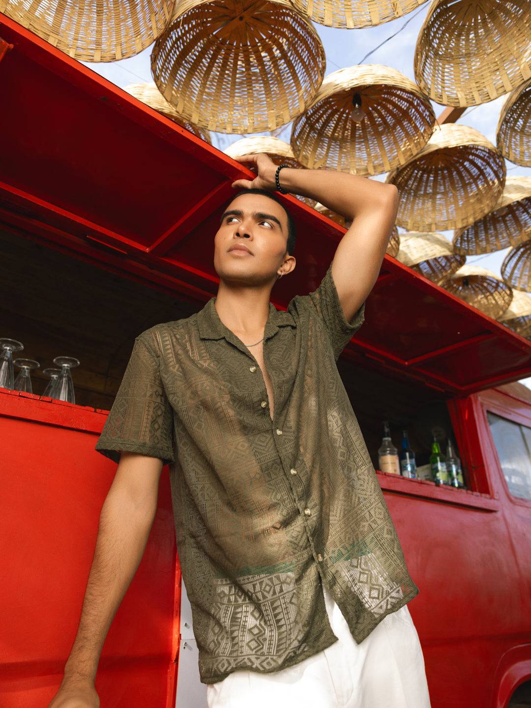 Olive Finesse Crochet Oversized Shirt Buy only at ₹449