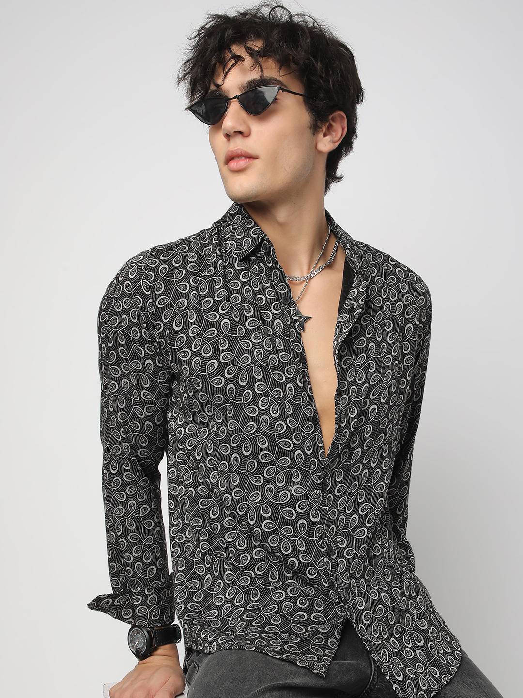 Black Twisted Motifs Printed Shirt Buy only at ₹569