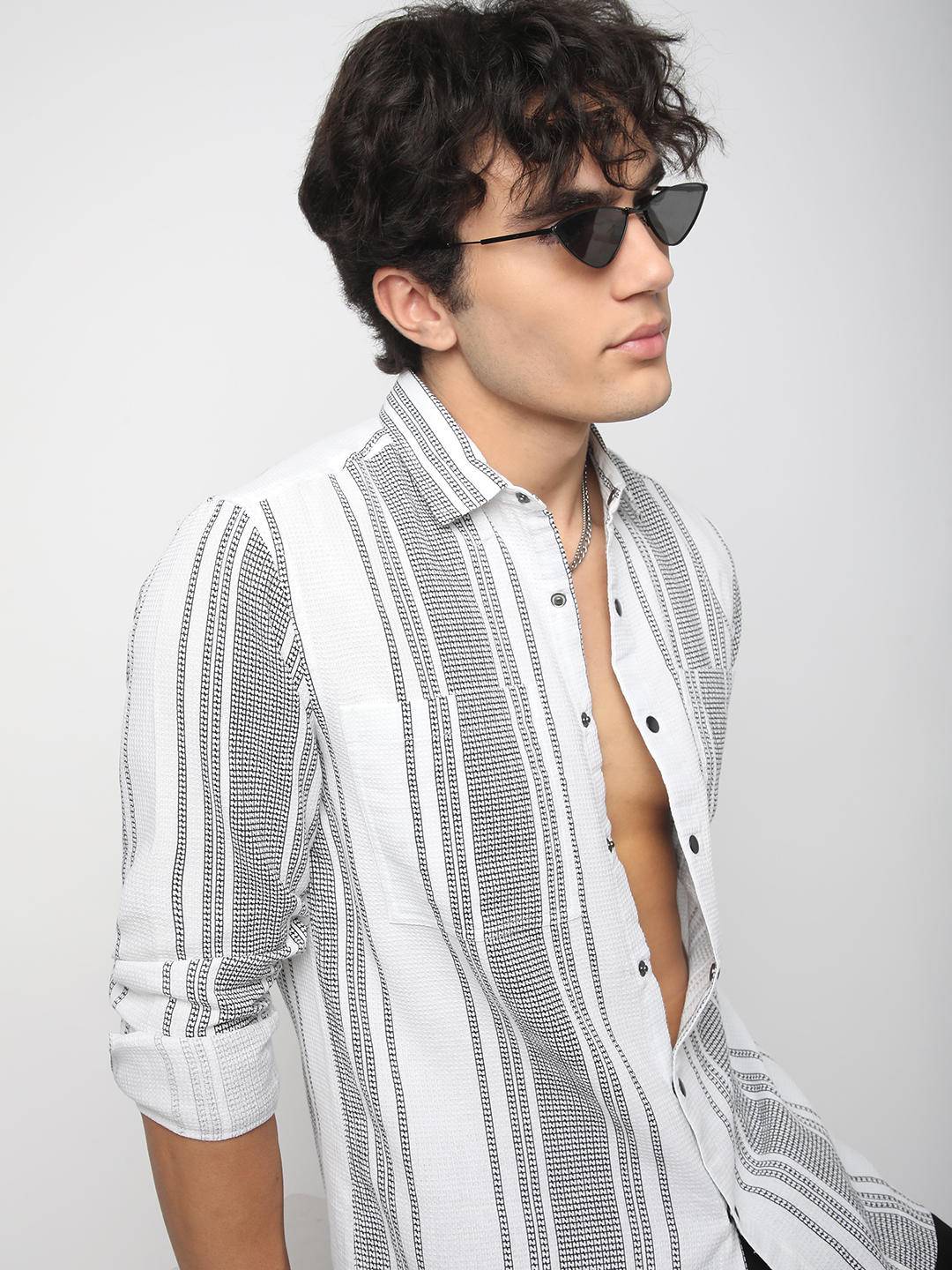 Refined White Double Pocket Waffle Striped Shirt Buy only at ₹759