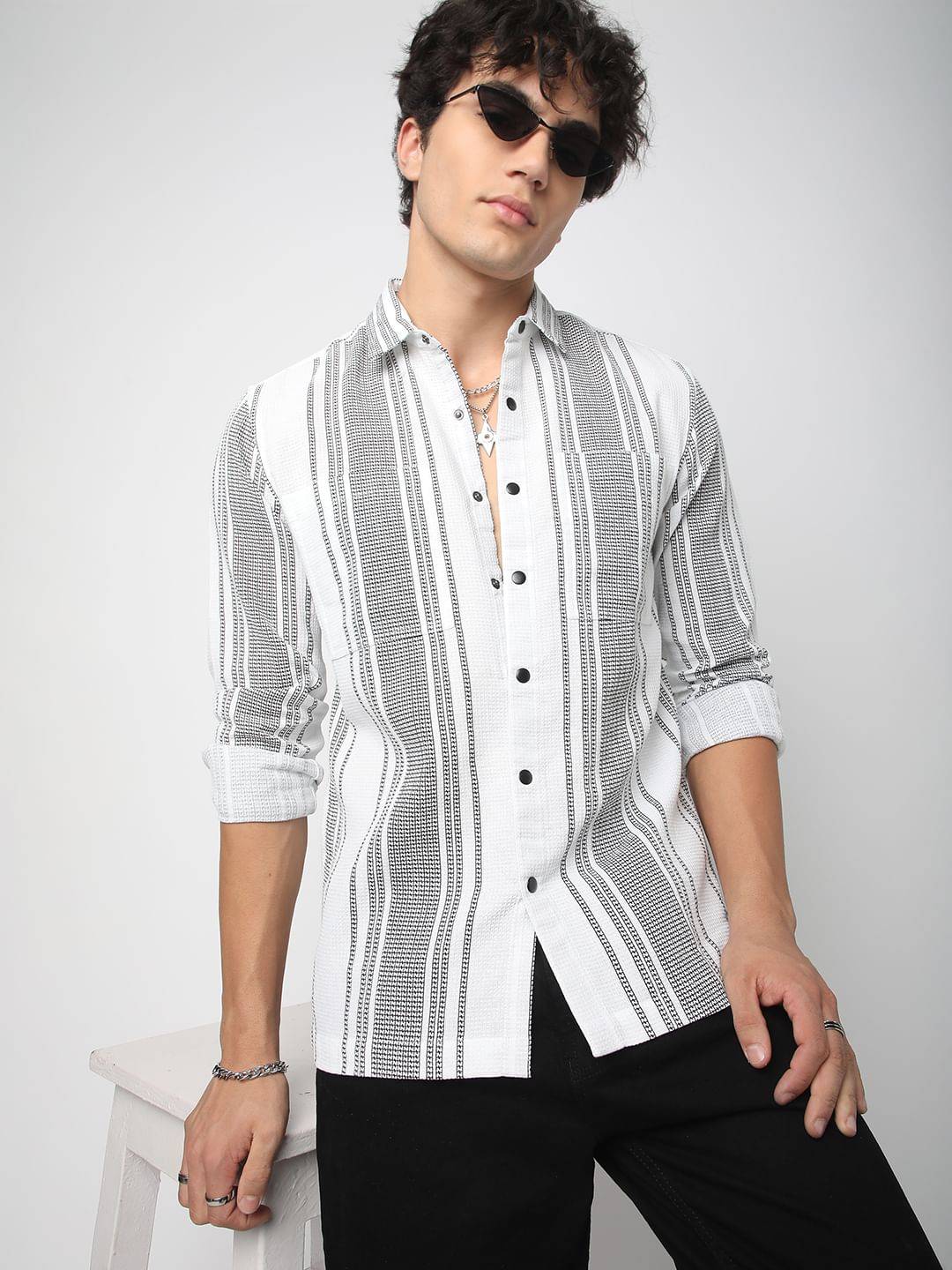 Refined White Double Pocket Waffle Striped Shirt Buy only at ₹759