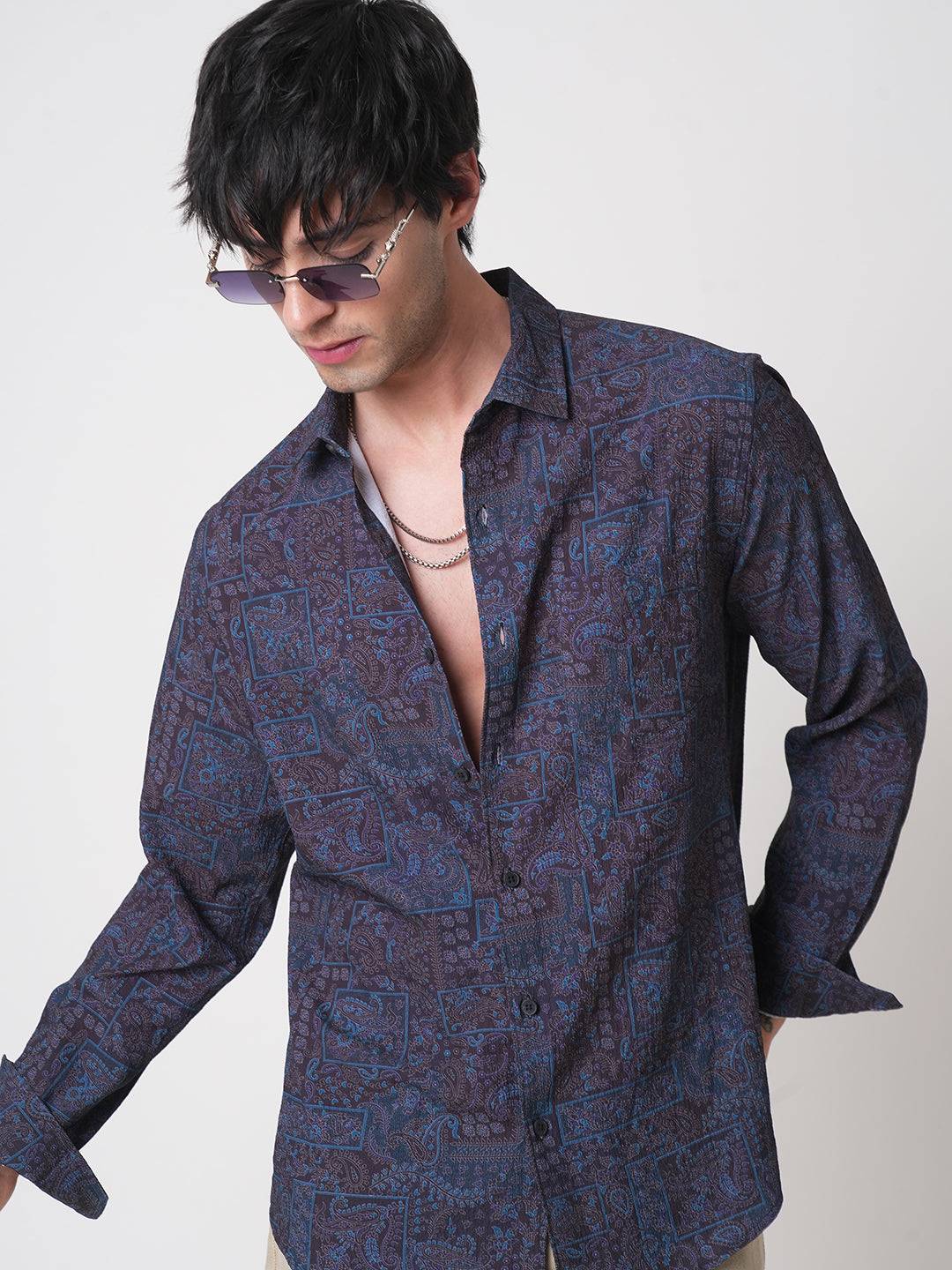 Navy Paisley Printed Creased Shirt Buy only at ₹659