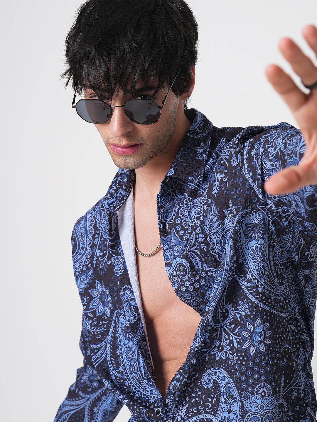 Navy Paisley Printed Creased Shirt Buy only at ₹659