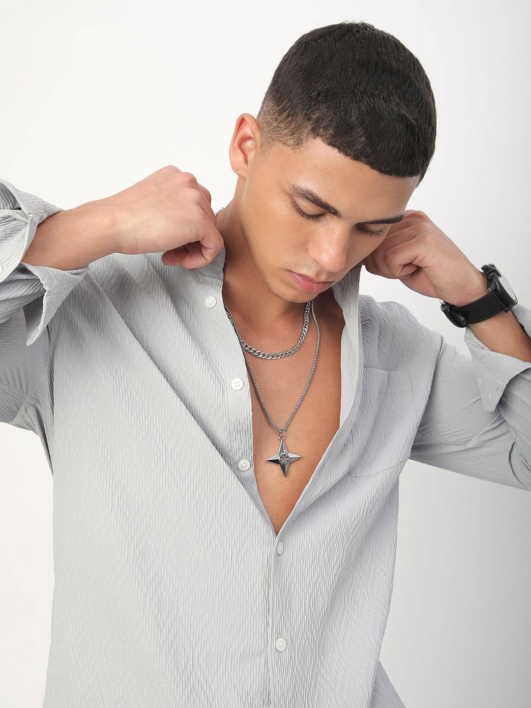 Detailed Cloud Grey Jacquard Shirt Buy only at ₹494