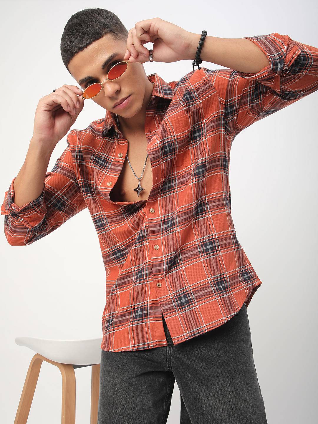 Premium Cotton Fiery Tangerine Checkered Shirt Buy only at ₹759