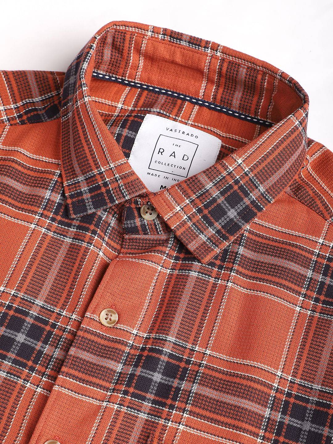 Premium Cotton Fiery Tangerine Checkered Shirt Buy only at ₹759