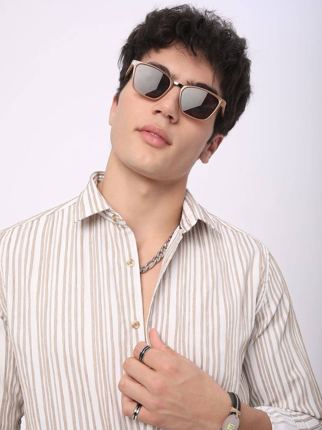 White & Beige Creased Stripe Shirt Buy only at ₹659