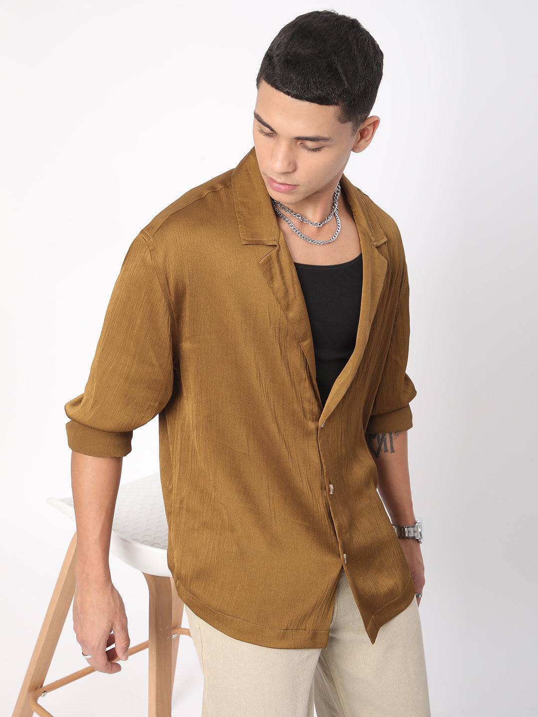 Glinty Tawny Brown Notched Lapel Collar Creased Oversized Shirt Buy only at ₹639