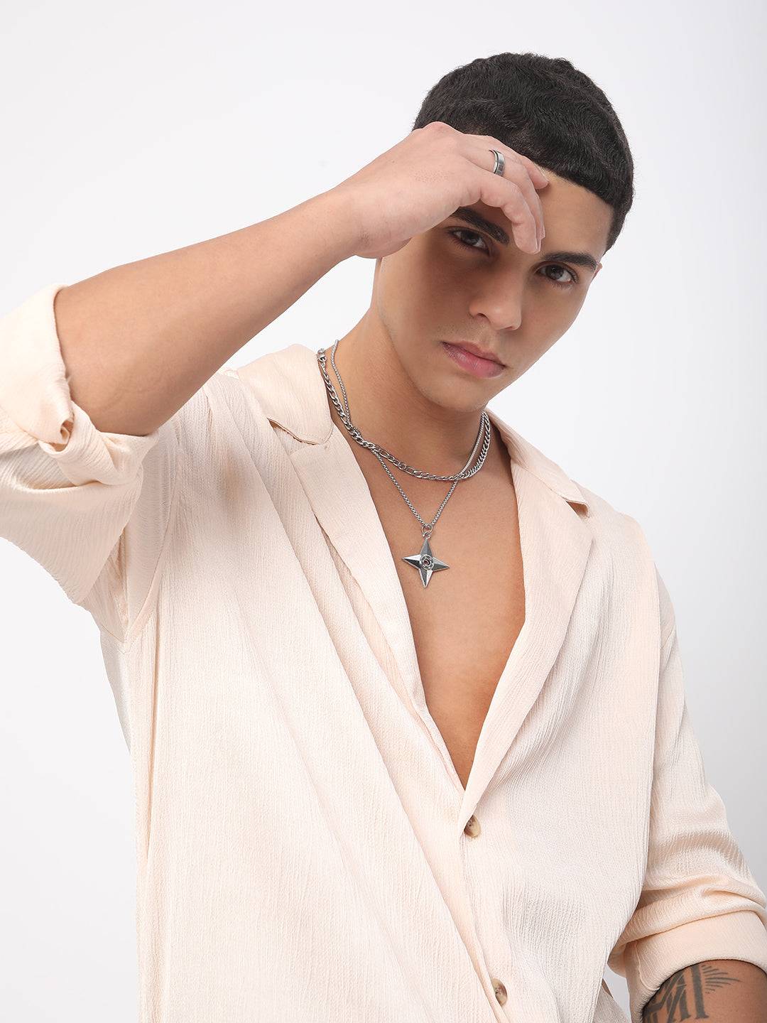 Glinty Cream Notched Lapel Collar Creased Oversized Shirt Buy only at ₹639