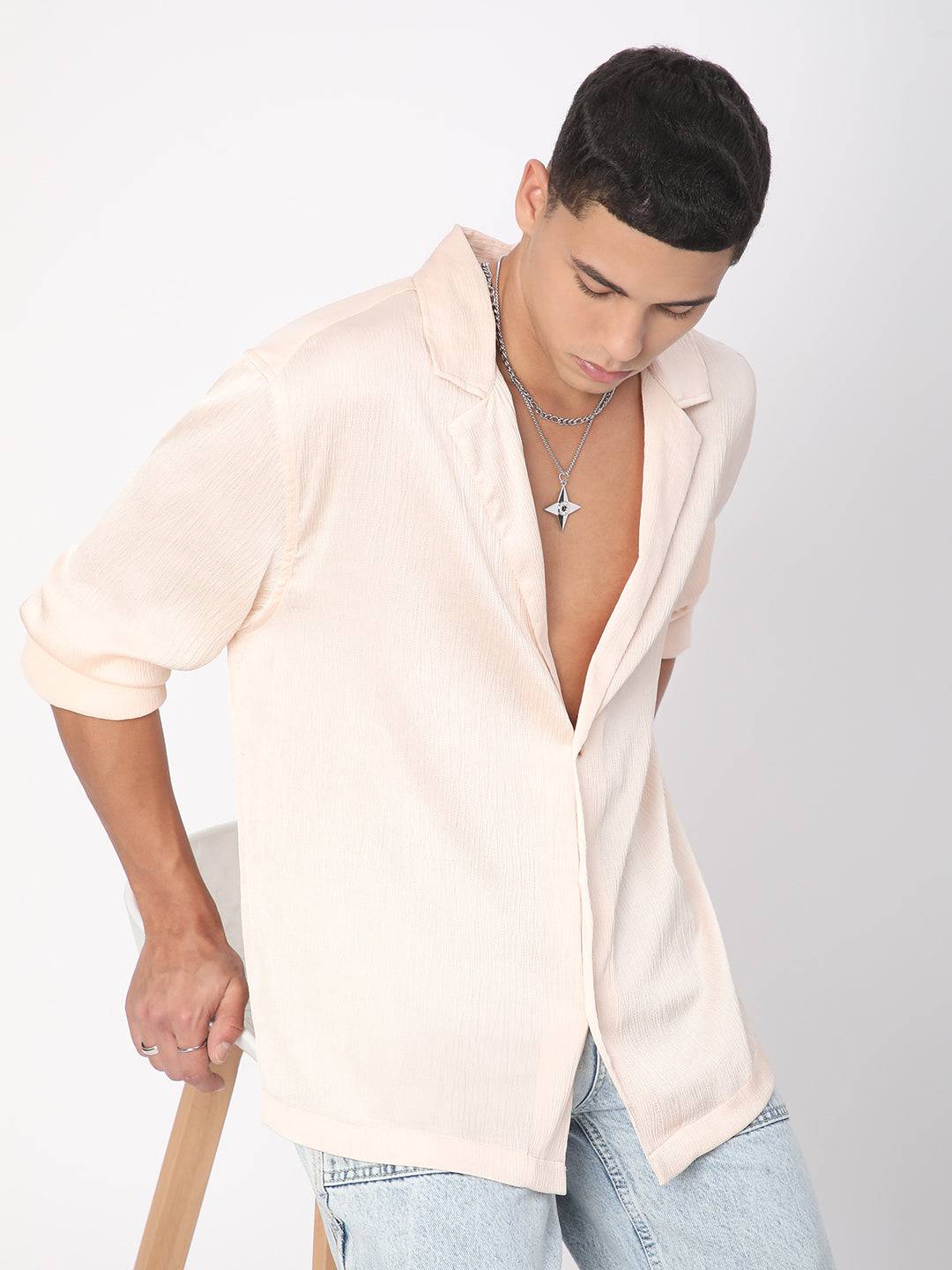 Glinty Cream Notched Lapel Collar Creased Oversized Shirt Buy only at ₹639