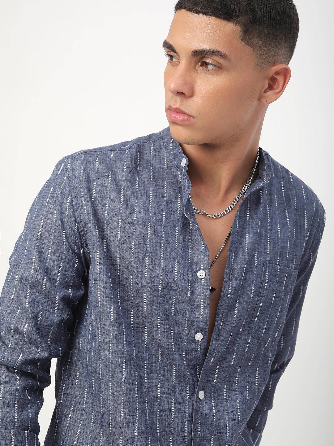 Midnight Blue Dobby Striped Mandarin Shirt Buy only at ₹494