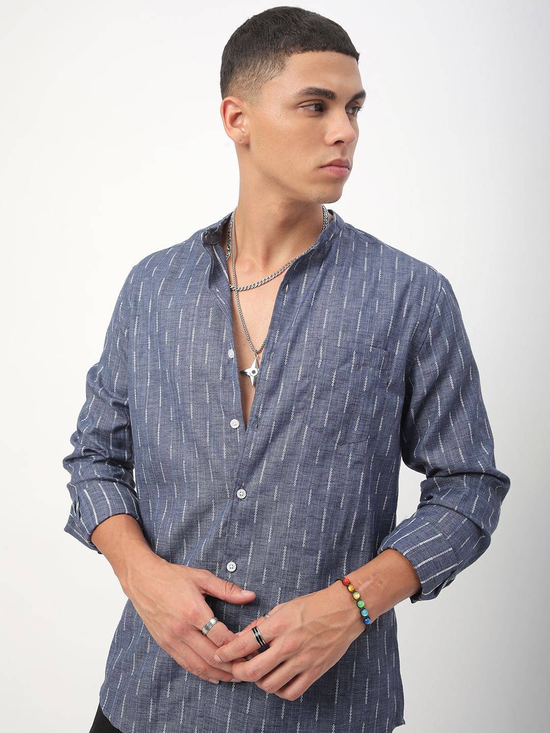 Midnight Blue Dobby Striped Mandarin Shirt Buy only at ₹494