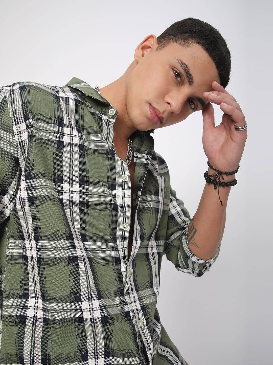 Premium Cotton Timeless Broad Square Olive Checks Shirt Buy only at ₹569