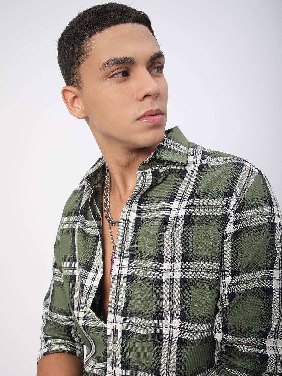 Premium Cotton Timeless Broad Square Olive Checks Shirt Buy only at ₹569